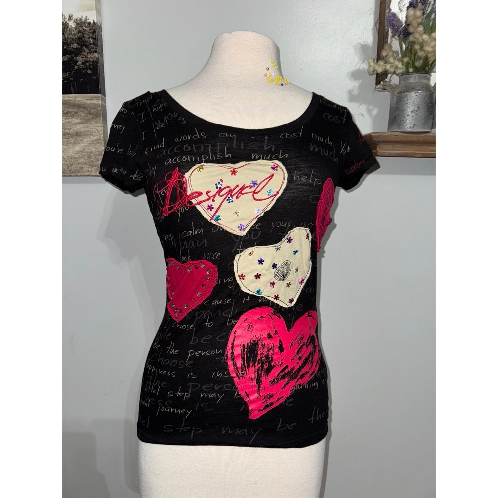 Desigual Patchwork Heart Embroidered Rhinestone T… - image 1